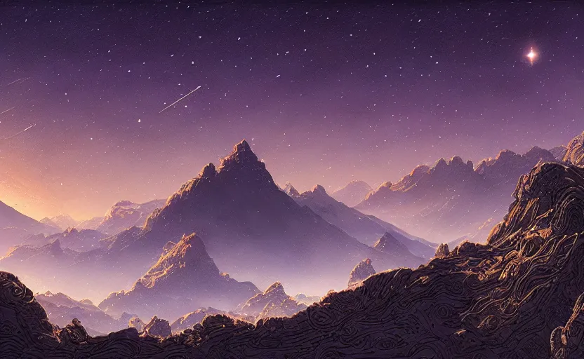 Prompt: mountains, stars and paisley filled sky, artstation, intricate, highly detailed, digital painting, concept art, sharp focus, illustration by Jean Claude Mézières and Raphael Lacoste