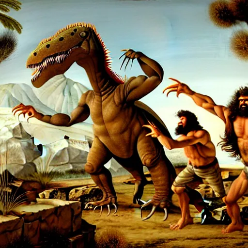 Image similar to A large dinosaur fighting with several realistic detailed cavemen with proportioned bodies, next to the dinosaur are cavemen, one caveman wearing animal furs is stabbing the dinosaur with his spear, one caveman wearing animal furs is cowering in fear, coarse canvas, visible brushstrokes, intricate, extremely detailed painting by Giorgione (and by Greg Rutkowski)