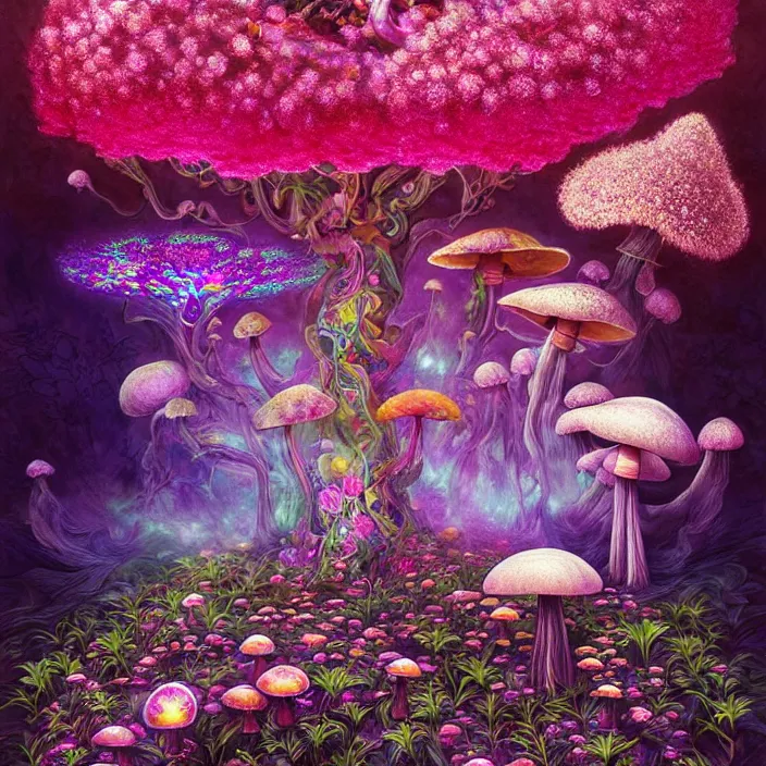 Prompt: extremely psychedelic system made of orchid and cherry blossom tree and mushroom, LSD matrix, diffuse lighting, fantasy, intricate, elegant, highly detailed, lifelike, photorealistic, digital painting, artstation, illustration, concept art, smooth, sharp focus, art by John Collier and Albert Aublet and Krenz Cushart and Artem Demura and Alphonse Mucha