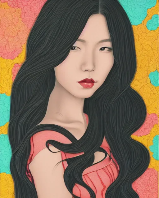 Prompt: A portrait painting of a gorgeous woman long black hair, in the style of Audrey Kawasaki, octane render, highly detailed