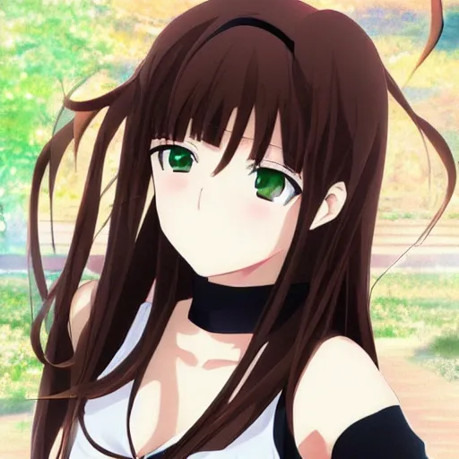 Image similar to key anime visual of a beautiful girl with brown hair and green eyes, trending on Pixiv; detailed