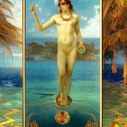 Image similar to Floating palace, refracted sparkles of the moon, thunderstorm, greek pool, beach and Tropical vegetation on the background major arcana sky, by paul delaroche, alphonse mucha and arnold böcklin, hyperrealistic 8k, award-winning, very very very detailed