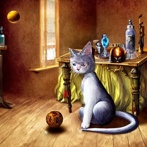 Image similar to a full body beautifull witch with white hair in an old room. A cristal ball on a wood table with a potions and old instruments. A cat on the floor licking his paw. in a fantasy style paiting