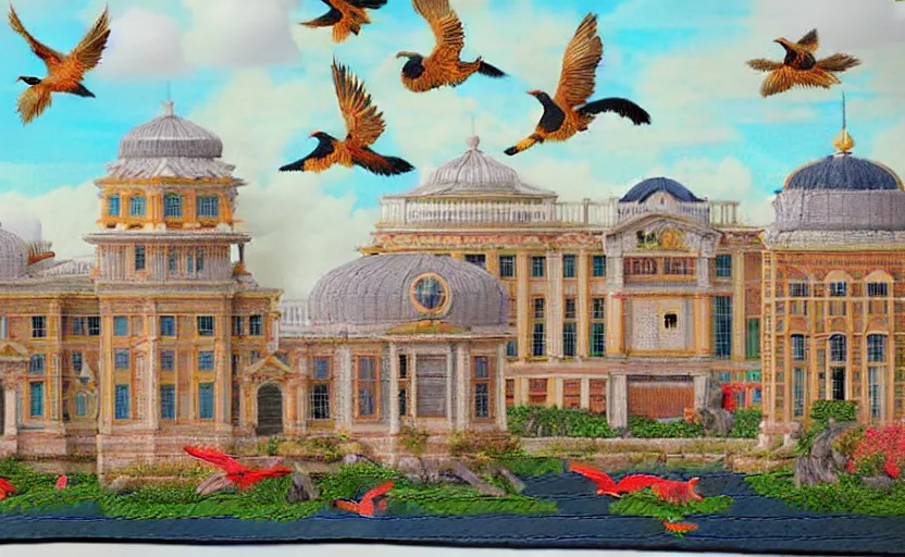 Prompt: building along a river, seen from the long distance, sharp focus. matte paper and hyperdetailed embroidery fabric collage. huge flamish baroque maximalist birds flying. highly detailed childrenbook illustration in soft natural pastel tones.