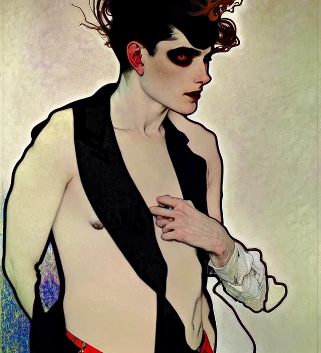 Image similar to stunning portrait of highly details androgynous e as desire from sandman, rockabilly style, white suit and black tie,, by egon shiele and alphonse mucha, with influence of jeremy mann, peter lindbergh, dave mckean, maurice sapiro, and frank moth, soft lightning, highly detailed, 8 k