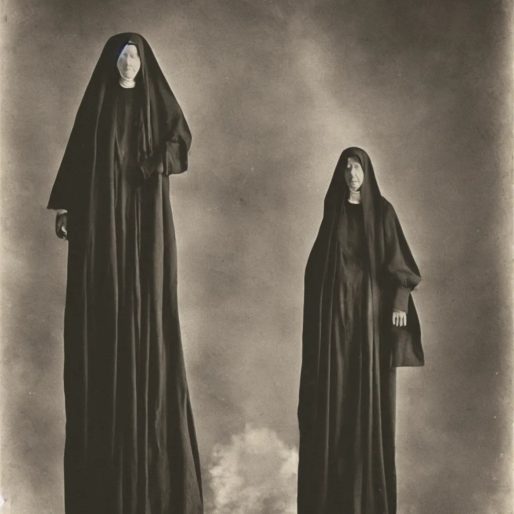 Prompt: old victorian era photograph of a very very tall mysterious nun, amazing depth, cinematic lighting.