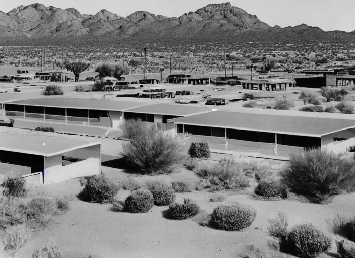 Prompt: a midcentury modern motel in tuscon arizona in the year 1 9 6 7