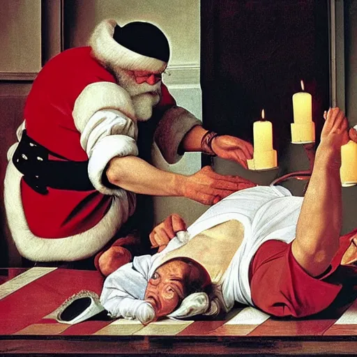 Prompt: Father Christmas playing Twister. Painted by Caravaggio
