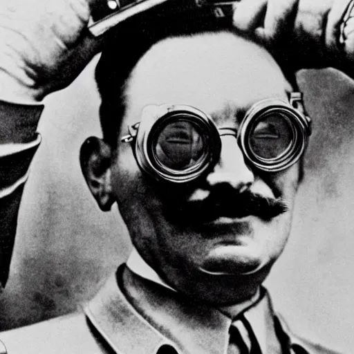 Image similar to josef stalin wearing big steampunk googles, photo by gustave baumann