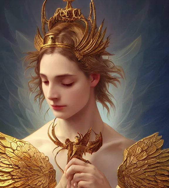 Prompt: god of death, young male, crystal cave background, elegant dark blue dress, very detailed, throne, very intricate details, jewelry, gold eyeshadow, elaborate long black hairstyle, wings, cinematic, artstation, william bouguereau, alphonse mucha, greg rutkowski, rossdraws, octane render