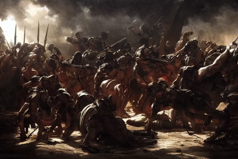 Prompt: Movie scenes of Roman soldiers in battle with Britannia, in the style of Greg Rutkowski and Michelangelo and Eugène Delacroix, extremely moody lighting, glowing light and shadow, atmospheric, shadowy, cinematic