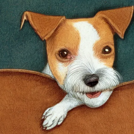 Prompt: closeup candid portrait of jack russel terrier crying on the dog bed, illustrated by peggy fortnum and beatrix potter and sir john tenniel