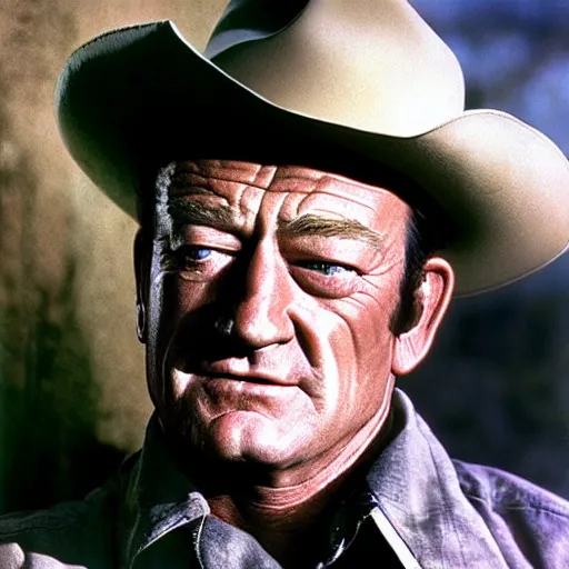 Prompt: ”A color photo of John Wayne by Terry O´Neill”