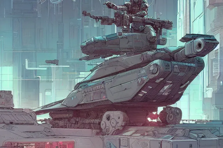 Image similar to comic book illustration, an android soldier sits on the turret of a futuristic tank, cyberpunk concept art by josan gonzales and Moebius, highly detailed, intricate, sci-fi, sharp focus, Trending on Artstation HQ, deviantart
