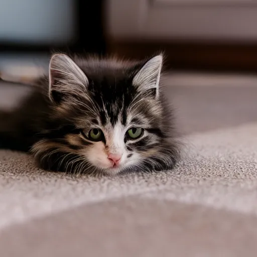 Prompt: photo of shy chunky!!, fluffy!!, kitten hiding under the couch, sharp focus, golden hour, f 1. 4