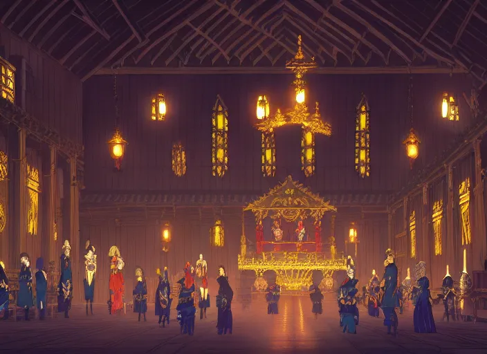 Prompt: key anime visual portrait of a castle's main hall interior with throne, servants, nobles, designed by mika pikazo, dynamic pose, dynamic perspective and angle, cinematic, film grain, detailed, intricate, at night, dramatic lighting