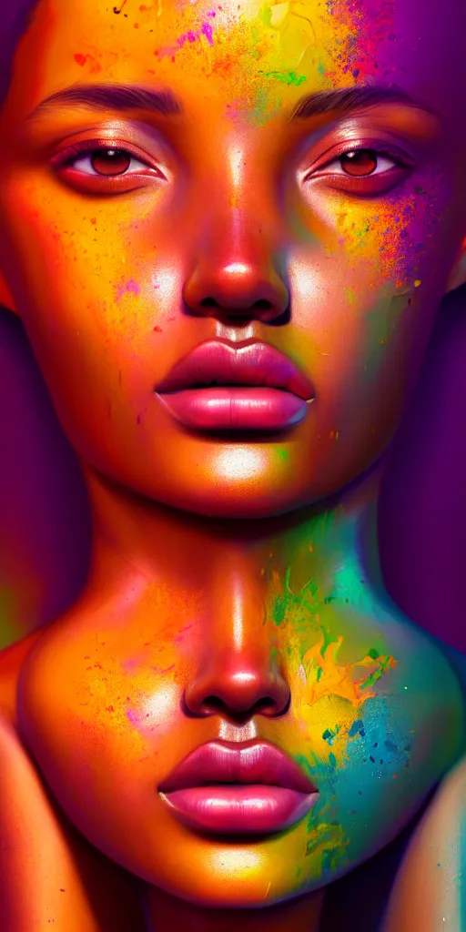 Image similar to portrait of very beautiful woman, face emerging from pool of colorful oils, brown skin, realism, extreme detail, real life, key art, soft light, volumetric light, 3 - d shadows, photo by james jean and wlop, photoshoot