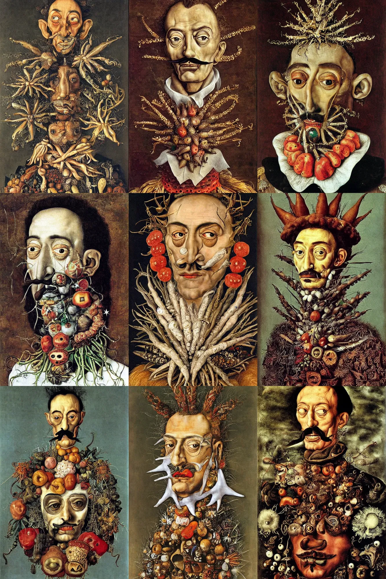 Prompt: giuseppe arcimboldo's portrait of salvador dali made out of starfishes