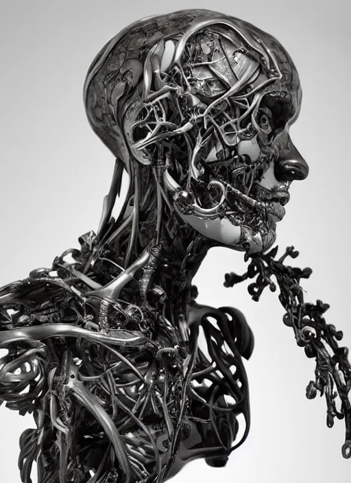Image similar to a bust sculpture of anatomical detailed cyborg, blue blood, horror, ceramic base, orthographic, studio lighting