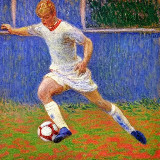 Image similar to monet painting of a skinny blonde man tripping over a soccer ball, highly detailed, realistic,