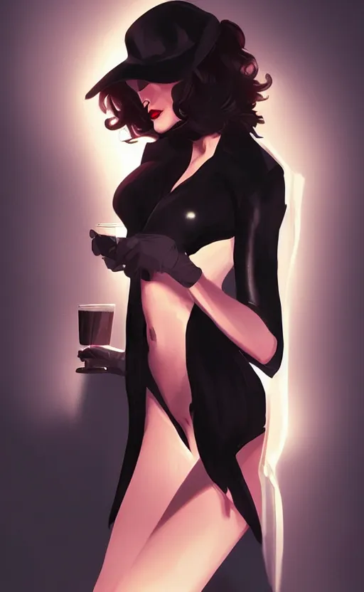 Image similar to femme fatale, at a bar, at night, dramatic lighting, black revealing dress, smiling, 2d digital character art, artstation, extremely detailed, beautiful, sharp, by WLOP
