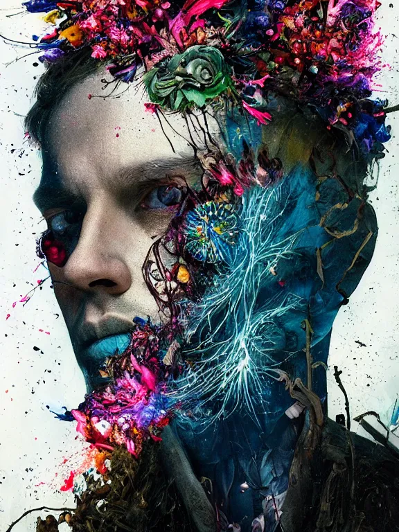 Prompt: art portrait of a man with flowers exploding out of head, decaying ,8k,by tristan eaton,Stanley Artgermm,Tom Bagshaw,Greg Rutkowski,Carne Griffiths, Ayami Kojima, Beksinski, Giger,trending on DeviantArt,face enhance,hyper detailed,minimalist,cybernetic, android, blade runner,full of colour,