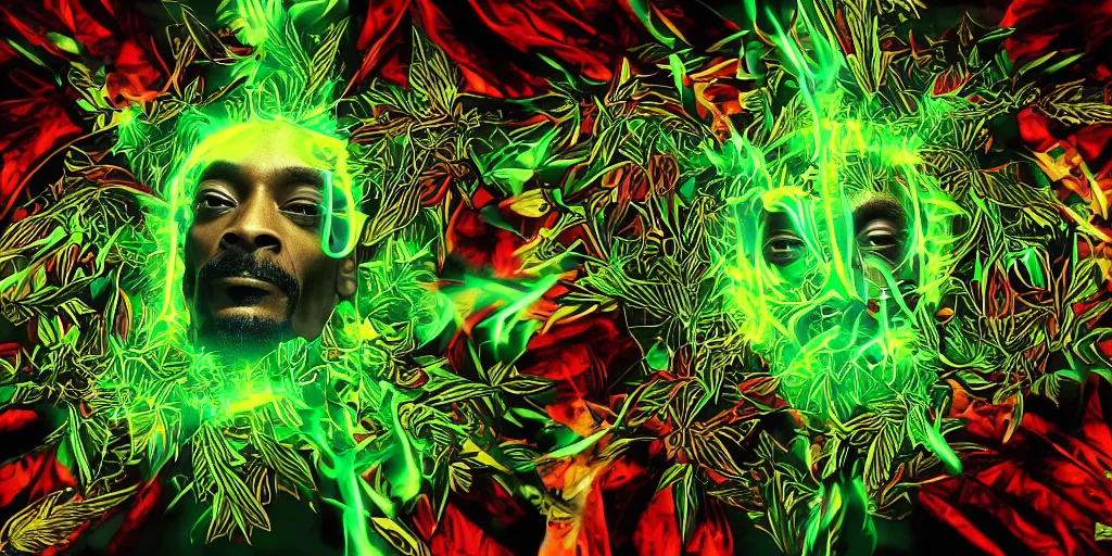 Image similar to snoop dogg doctor strange, smoke weed, marijuana, marijuana leaves, green light, highly detailed, environmental light, cinematic by francis tneh