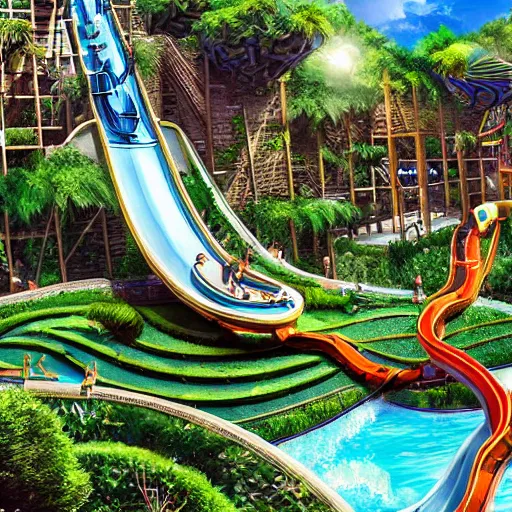 Image similar to hanging gardens of babylon waterpark with water slides, digital art, epic composition, highly detailed, cinematic lighting