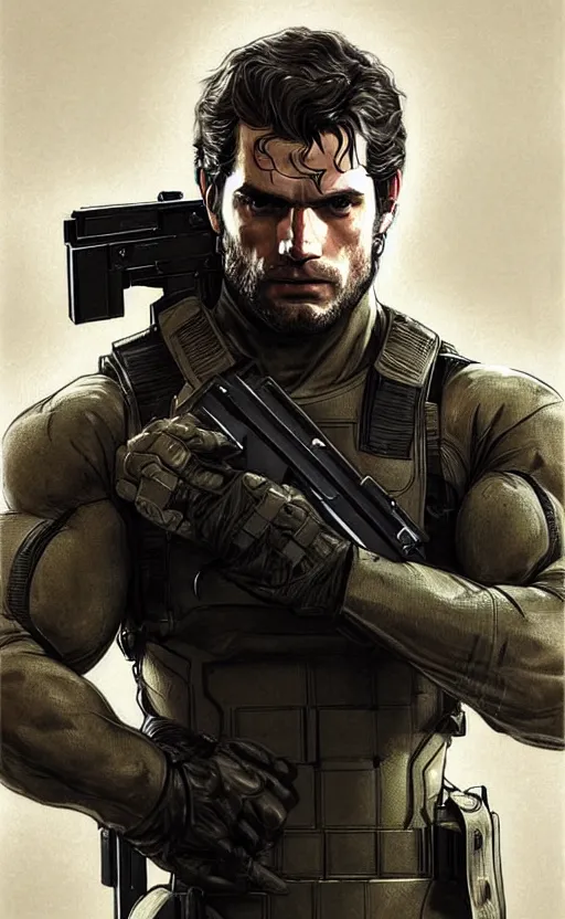 Image similar to portrait of henry cavill as solid snake,, metal gear solid, pistol, upper body,, henry cavill!!!, fantasy, intricate, elegant, highly detailed, digital painting, artstation, concept art, smooth, sharp focus, illustration, art by artgerm and greg rutkowski and alphonse mucha