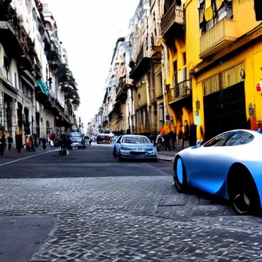 Image similar to Buenos Aires Argentina, futuristic cars in the street, holograms in the street, detailed, hd