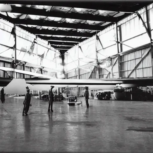 Prompt: flarge black triangle ship inside a hanger, old photo, vintage photo, grainy, realistic, real photo, men in hazmat suits standing around