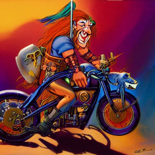 Prompt: colorful portrait of conan the barbarian riding a harley davidson motorcycle, rodel gonzalez, marc davis, milt kahl, jim warren, don bluth, glen keane, jason deamer, rob kaz, character art, concept art, studio portrait