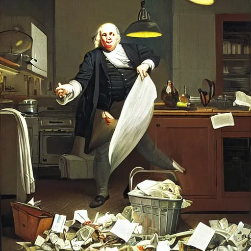 Prompt: benjamin franklin angrily throwing a string of led lights in the trash in a modern kitchen by rockwell