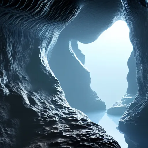 Image similar to light is mine to travel,beyond time ,the cathedrals in a underground vast cave canyon grotto of life the beginning , geological strata,ground mist, falling water,deep clear pools of water, hypermaximalist,micro details, 3d sculpture,,digital rendering,octane render , 4k, artstation, concept art ,amazing lighting, f32,deep depth of field,photographic, wide angle,cinematic lighting