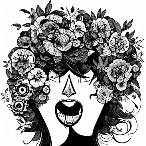 Prompt: grunge cartoon vector sketch of a human with flowers as their hair by - anton fadeev, loony toons style, horror theme, detailed, elegant, intricate