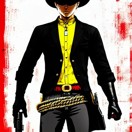 Image similar to a portrait of one punch man holding gun in the red dead redemption 2 character art style, digital art, trending on artstation, behance, intricate details, ornate, hyper realism, humongous view, smooth, cinematic