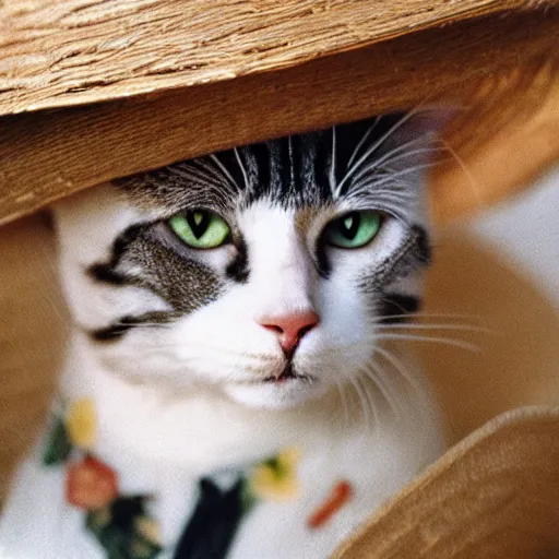 Image similar to A closeup film photography of a cat wearing vietnamese straw hat, photo bySlim Aarons, award winning, 4K