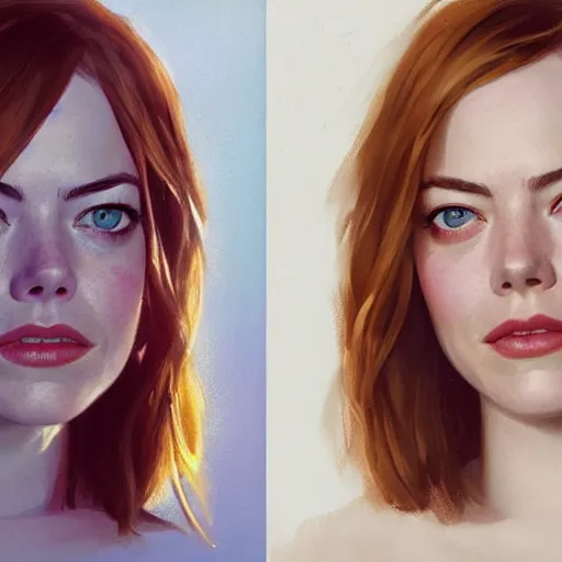 Prompt: emma stone : left - half is sad emma stone, right - half is smiling emma stone, fine details, realistic shaded lighting poster by greg rutkowski, magali villeneuve, artgerm, jeremy lipkin and michael garmash and rob rey