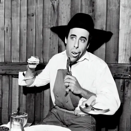 Image similar to jerry seinfeld eating a hot dog in the old west