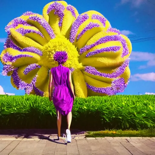 Image similar to giant flower head, woman walking, surreal photography, cinematic, blue sky, symmetry, detailed, bright, retro, wes anderson