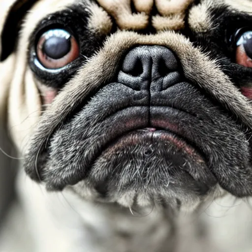 Image similar to closeup of a pug with moss growing out of its face folds, macro photography, overgrown pug, high resolution photo, trending on artstation