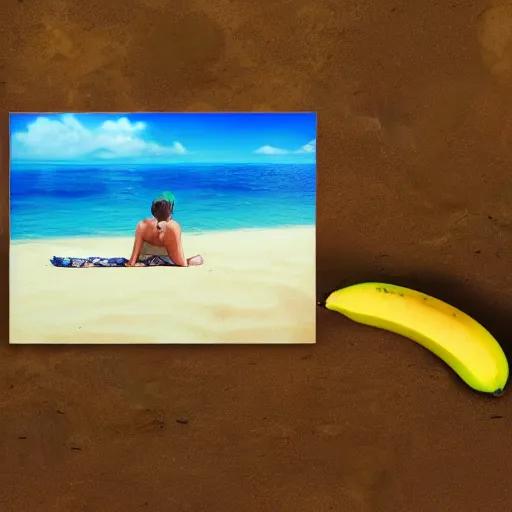 Image similar to banana sunbathing on the beach, matte painting