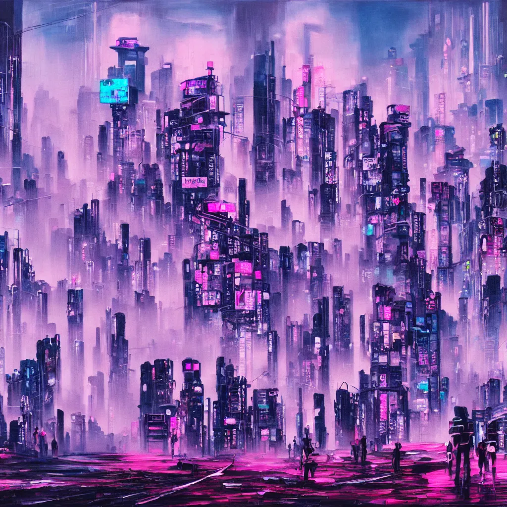 Prompt: oil painting of a overpopulated, busy, grim cyberpunk metropolis, fuchsia and blue, smog, crowded people occupying buildings and outdoors, tokyo inspired, textured