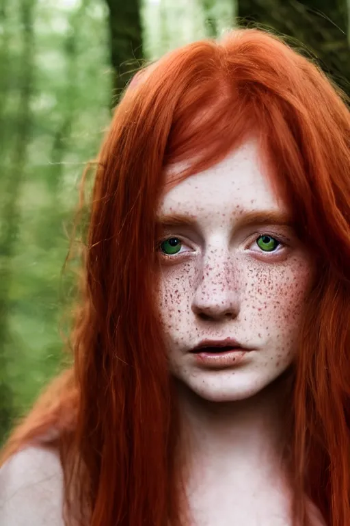 Image similar to close-up portrait of a red-haired girl 20 years old with freckles, green eyes, natural beauty in a magical gloomy forest among fireflies, 35mm photo, high quality, 4K, 8K, realistic, perfect eyes, perfect face, beautiful, detailed, 8k resolution, Kodak 35mm