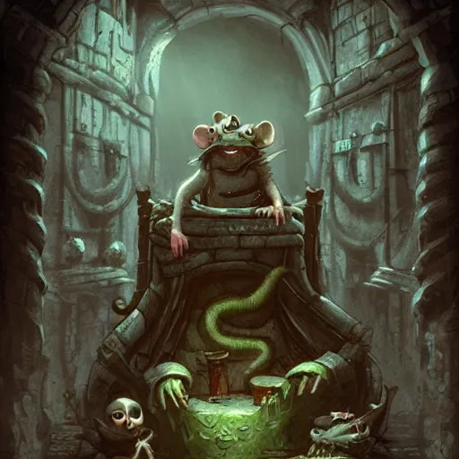 Image similar to murky sewer scene with an evil rat king sitting on a throne and grinning, surrounded by other rats. trending on artstation, fantasy illustration, rat people, extremely detailed