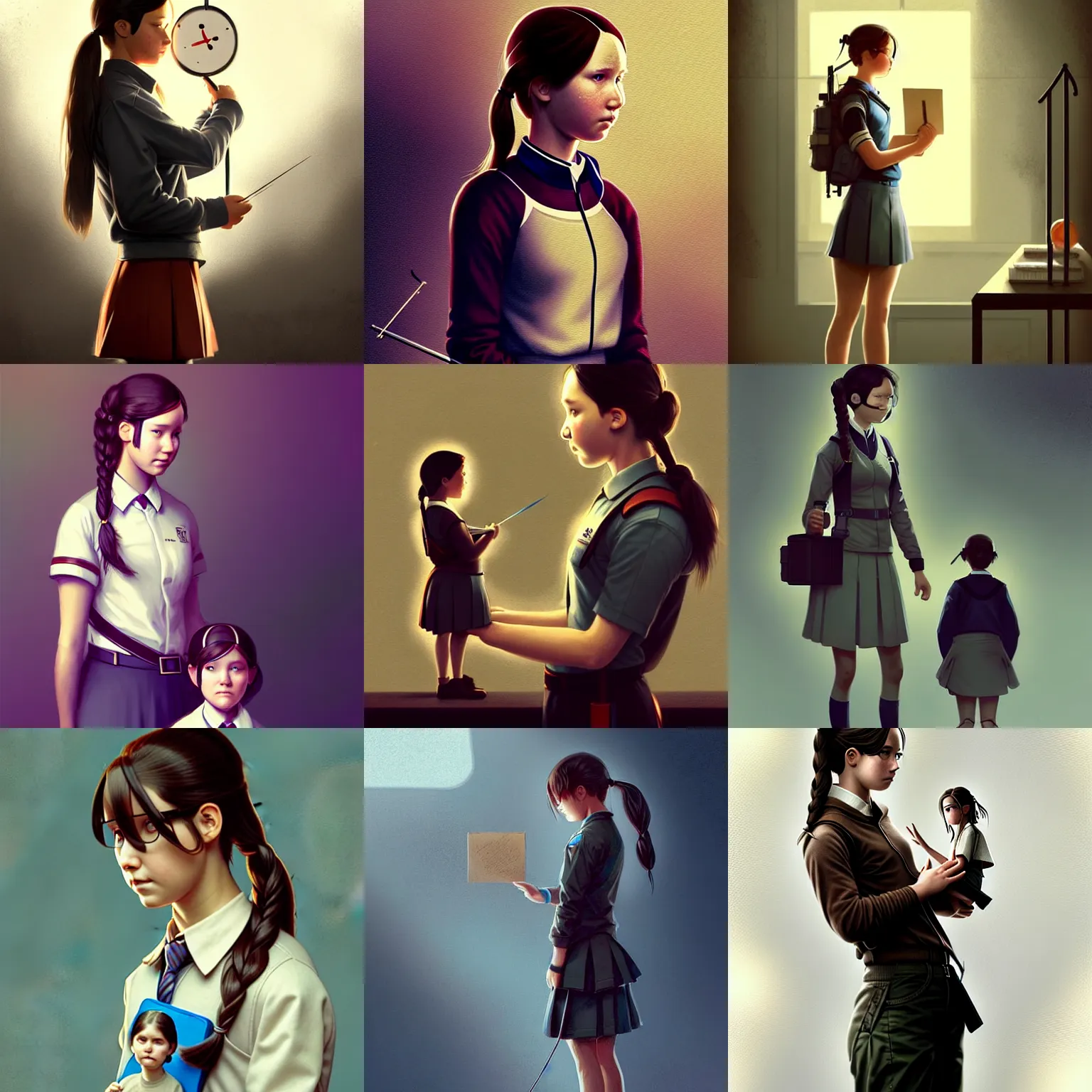 Prompt: a laboratory, ( ( ( ( ( katniss everdeen ) ) ) ) ) as a student, wearing a school uniform, is holding a tiny teacher, digital art, greg rutkowski, artstation