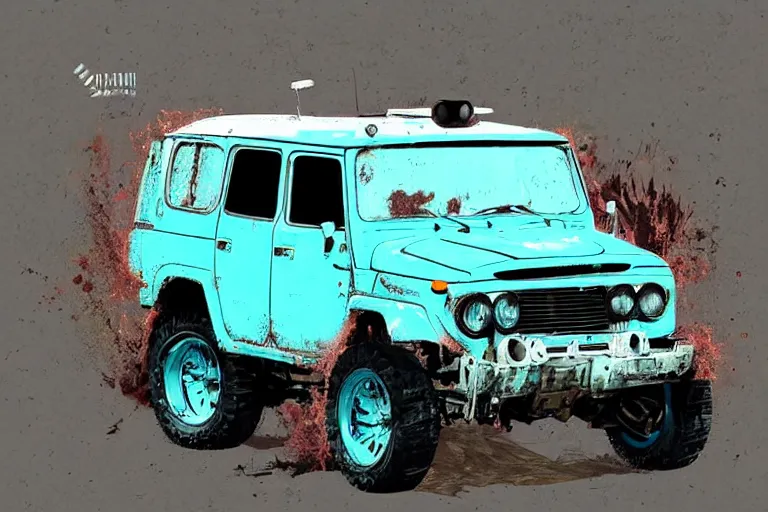 Image similar to digital illustration of a faded cyan mad max's fj 4 0 decrepit!!!! pursuit special, rusty!!! nissan fj cruiser heavily modded 1 9 9 0 s, the last v 8 interceptor by makoto shinkai, ilya kuvshinov, lois van baarle, rossdraws, basquiat