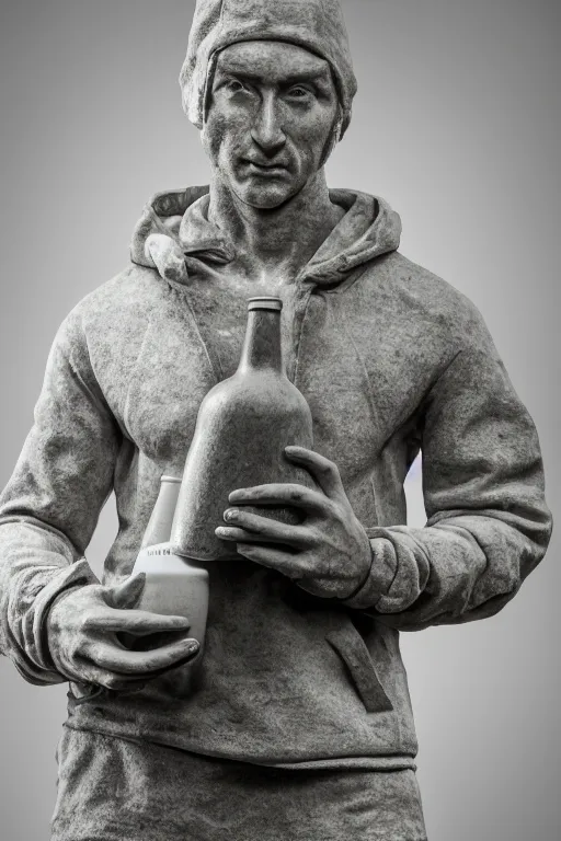 Prompt: marble sculpture of man in Adidas winter jacket sportswear holding a marble beer bottle, intricate sculpture, chiseled muscles, godlike, Rembrandt lighting, 4k, museum, DSLR photo