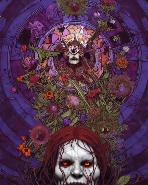 Image similar to the platonic ideal of flowers, rotting, insects and praying of cletus kasady carnage thanos davinci nazgul wild hunt chtulu mandala ponyo heavy rain the witcher, d & d, fantasy, ego death, decay, dmt, psilocybin, concept art by randy vargas and greg rutkowski and ruan jia and alphonse mucha