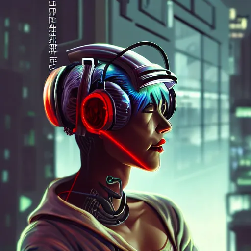 Image similar to Side view of a cyborg demon blond in cyberpunk headset and helmet on the street of a cyberpunk city, sci-fi, fantasy, intricate, very very beautiful, elegant, highly detailed, digital painting, artstation, concept art, smooth, sharp focus, illustration, art by Josan Gonsales